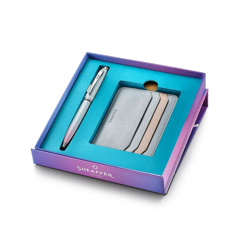 Sheaffer Expressions Gift Set 100 9376 Blue and Pink Pearlised Gradient with Chrome Trims and Ballpoint Pen Genuine Leather Credit Card Holder