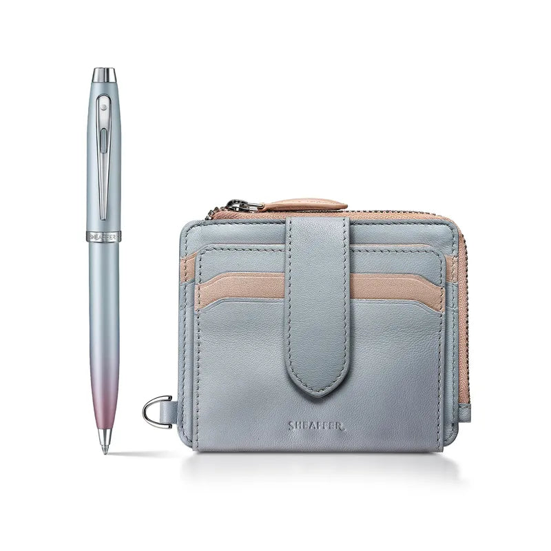 Sheaffer Expressions Gift Set 100 9376 Blue and Pink Pearlised Gradient  with Chrome Trims and Genuine Leather Wallet Ballpoint Pen