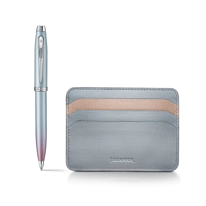 Sheaffer Expressions Gift Set 100 9376 Blue and Pink Pearlised Gradient with Chrome Trims and Ballpoint Pen Genuine Leather Credit Card Holder