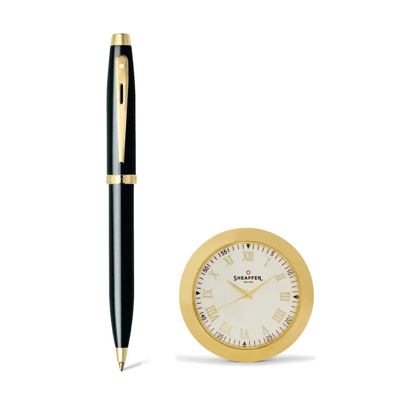 Sheaffer 9322 Gift Set 100 Glossy Black with Gold Trims Ballpoint Pen with Table Clock