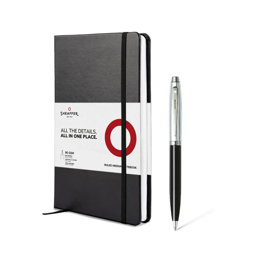 Sheaffer Gift Set 100 9313 Ballpoint Pen with Medium Notebook Glossy Black Barrel and Chrome Cap with Chrome Trims