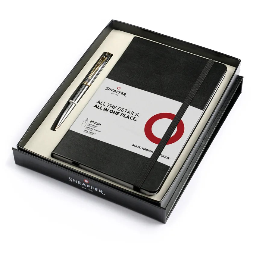 Sheaffer Gift Set 100 9340 Ballpoint Pen with Medium Notebook Bright chrome with Gold Trims