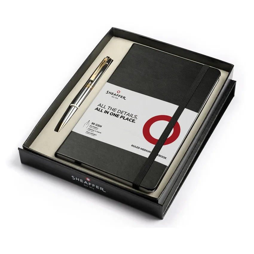 Sheaffer Gift Set 300 9342 Ballpoint Pen with Medium Notebook Bright Chrome with Gold Trims
