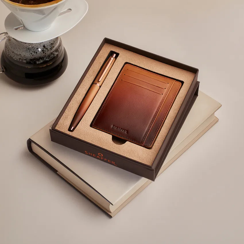Sheaffer Gift Set VFM 9428 Coffee Edition Ballpoint Pen with Regal Brown PVD Trims and Credit Card Holder - Matt Brown