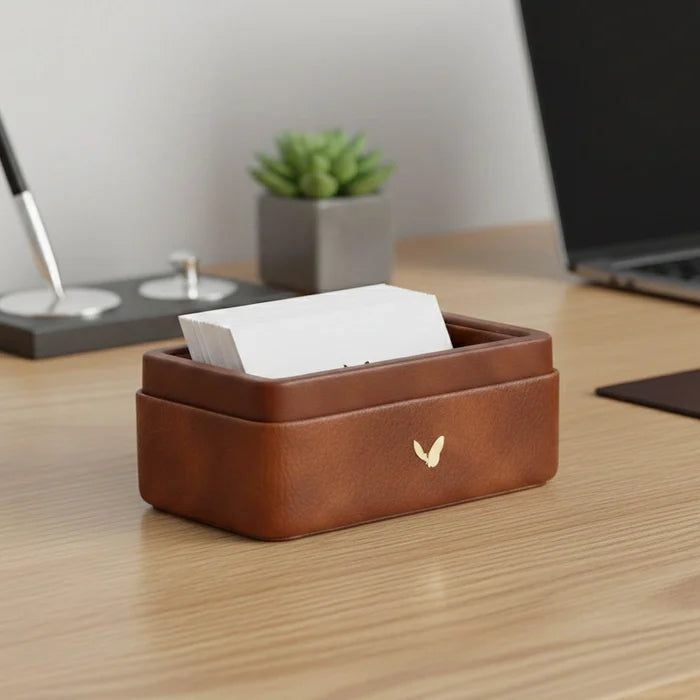 Unmet Desire Visiting Card Holder for Desk | Faux Leather | Rectangular | Classic | Tan