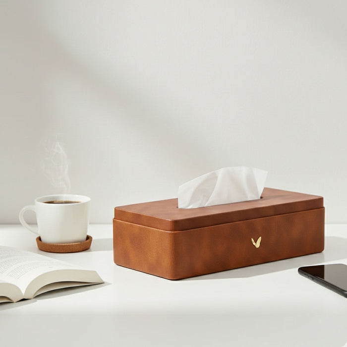 Unmet Desire Tissue Box Holder for Home and Office in Premium Faux Leather | Size: 9.5 x 4.5 x 2.5(H) Inches | Classic |Tan