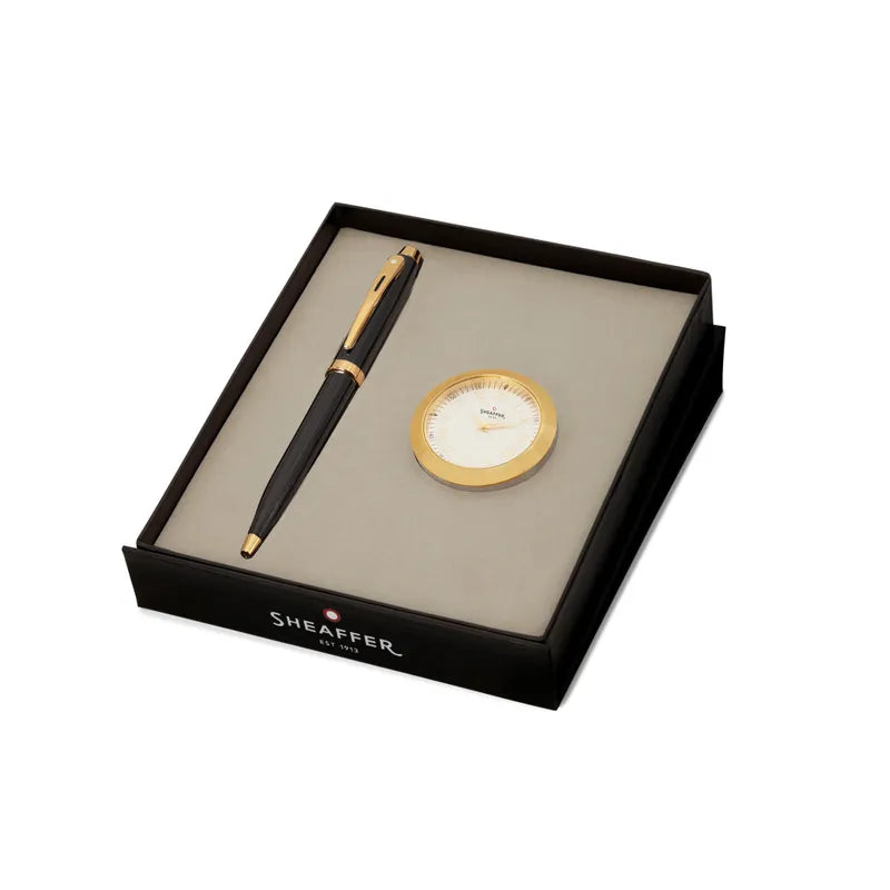 Sheaffer 9322 Gift Set 100 Glossy Black with Gold Trims Ballpoint Pen with Table Clock