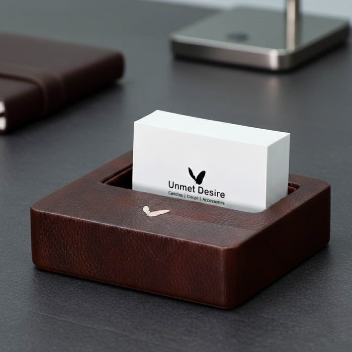 Unmet Desire Visiting Card Holder for Desk | Faux Leather | Square | Classic | Brown