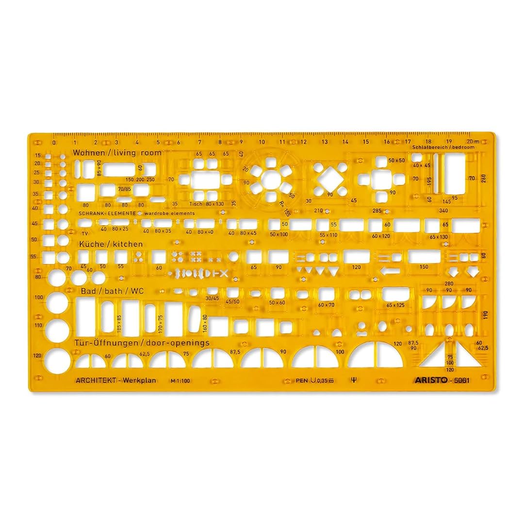 Aristo | Architecture Combination | Stencil 2 1:100 Symbols | Nubs Dimensionally Stable | Orange-Transparent PET Plastic