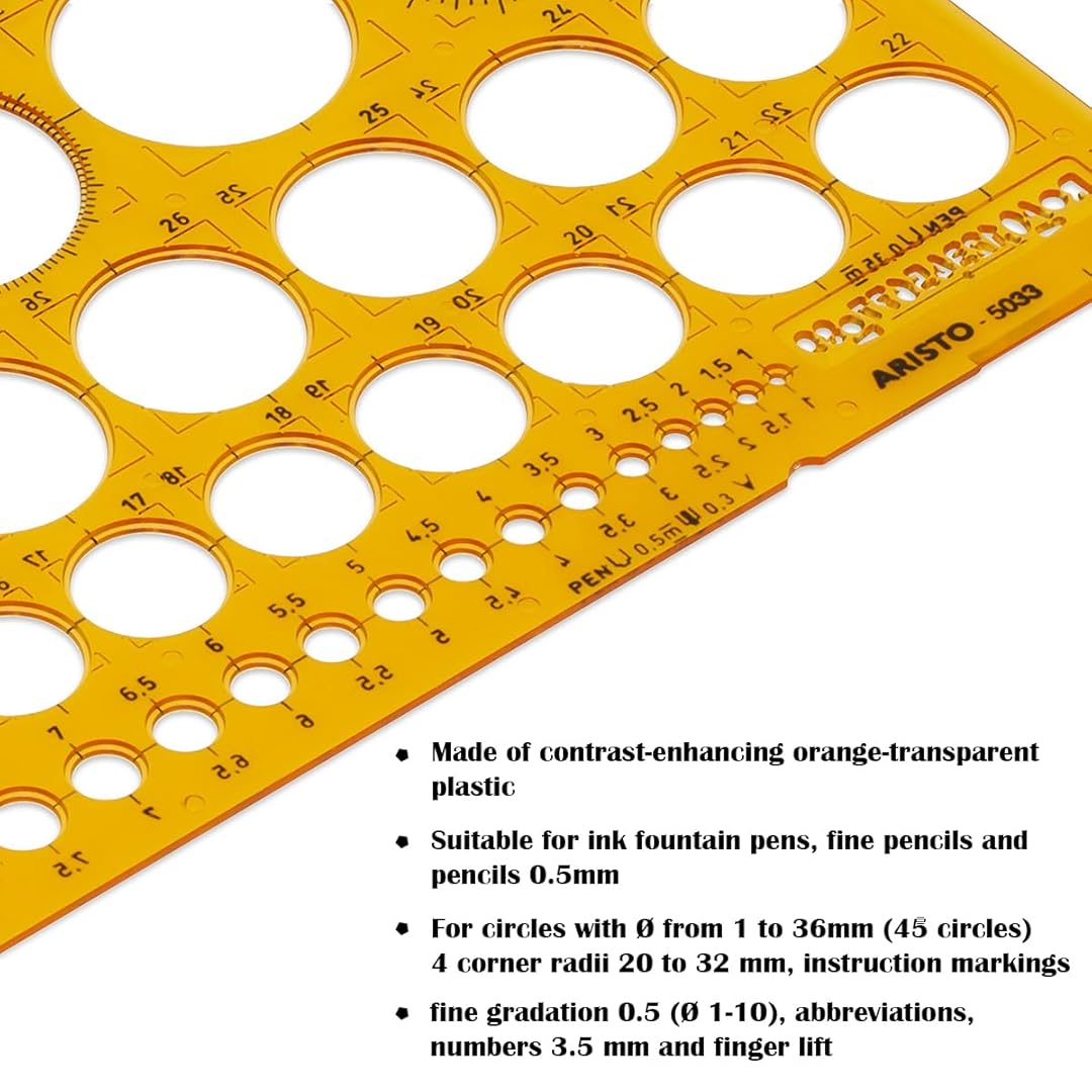 Aristo | Circle Round Shapes | Drawing Drafting Template Stencil | Ø from 1 to 36 mm | 45 Circles