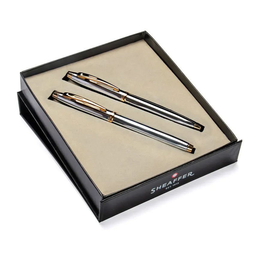 Sheaffer Gift Set 100 9340 Fountain Pen (M) and Rollerball Pen Bright Chrome with Gold Trims - Set of 2 Pens