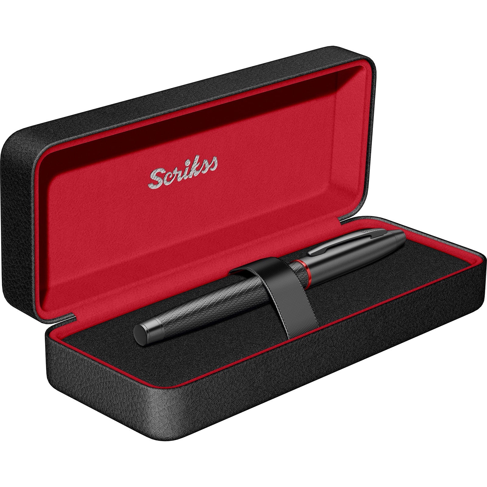 Scrikss Noble 35 Medium Nib Fountain Pen in Matte Black in a black and red case on a white background