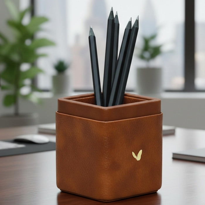 Unmet Desire Pen/Pencil Holder | Faux Leather | Square Small | Classic | Tan