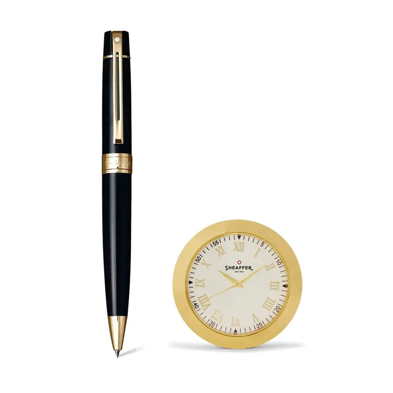 Sheaffer Gift Set 300 Glossy Black with Gold Trims Ballpoint Pen with Table Clock