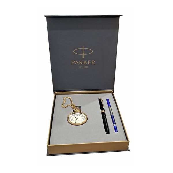 Parker Aster Lacque Black GT Rollerball Pen with Pocket Watch