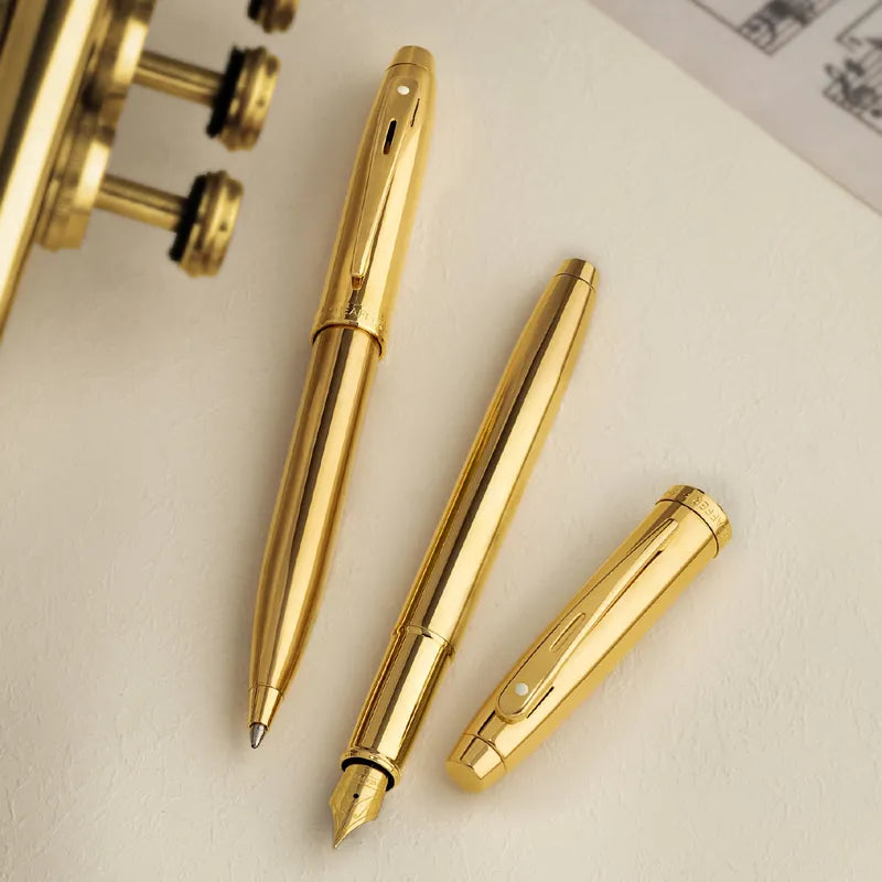 Sheaffer 100 9372 Glossy PVD Gold With PVD Gold Trim Fountain Pen Medium Nib