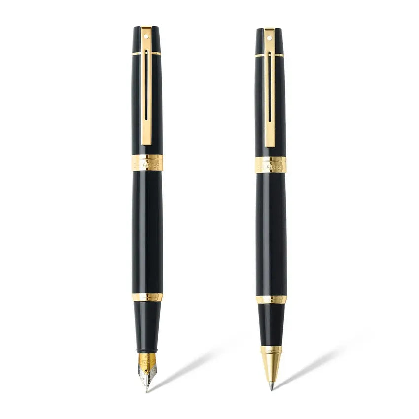 Sheaffer Gift Set 300 9325 Fountain Pen (M) and Rollerball Pen Glossy Black and Gold Trims - Set of 2 Pens