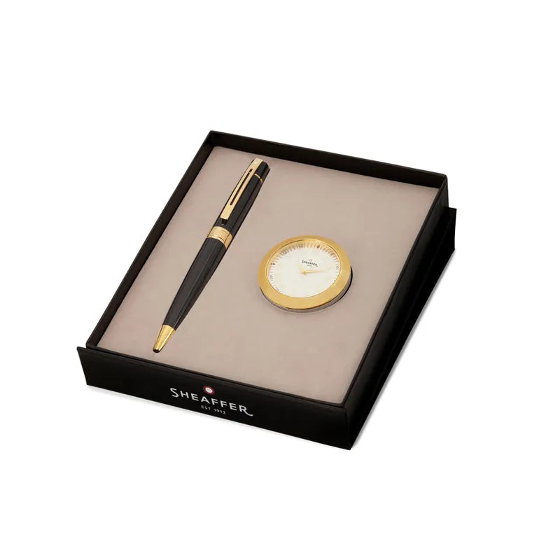 Sheaffer Gift Set 300 Glossy Black with Gold Trims Ballpoint Pen with Table Clock