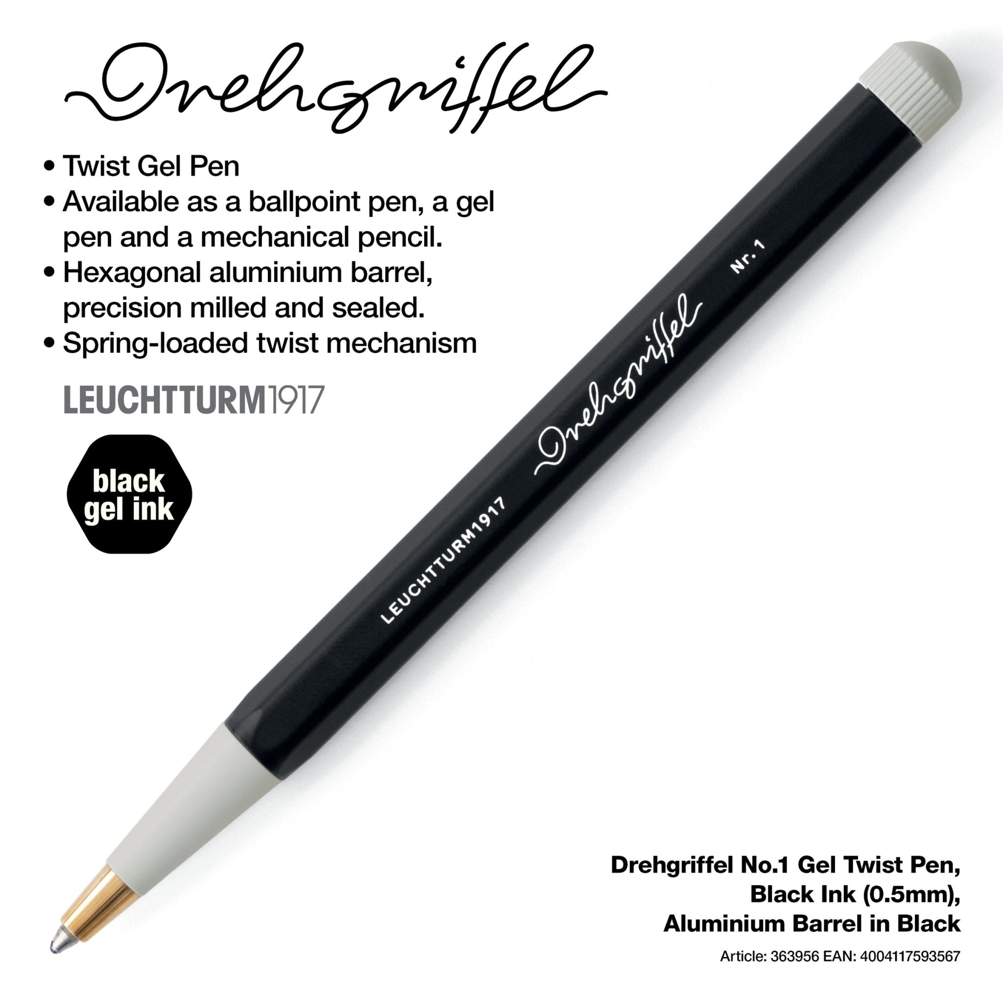 LEUCHTTURM1917 Gel Pen with Document Proof Black Ink | Drehgriffel No. 1 | Black | Twist Mechanism - penpencilink