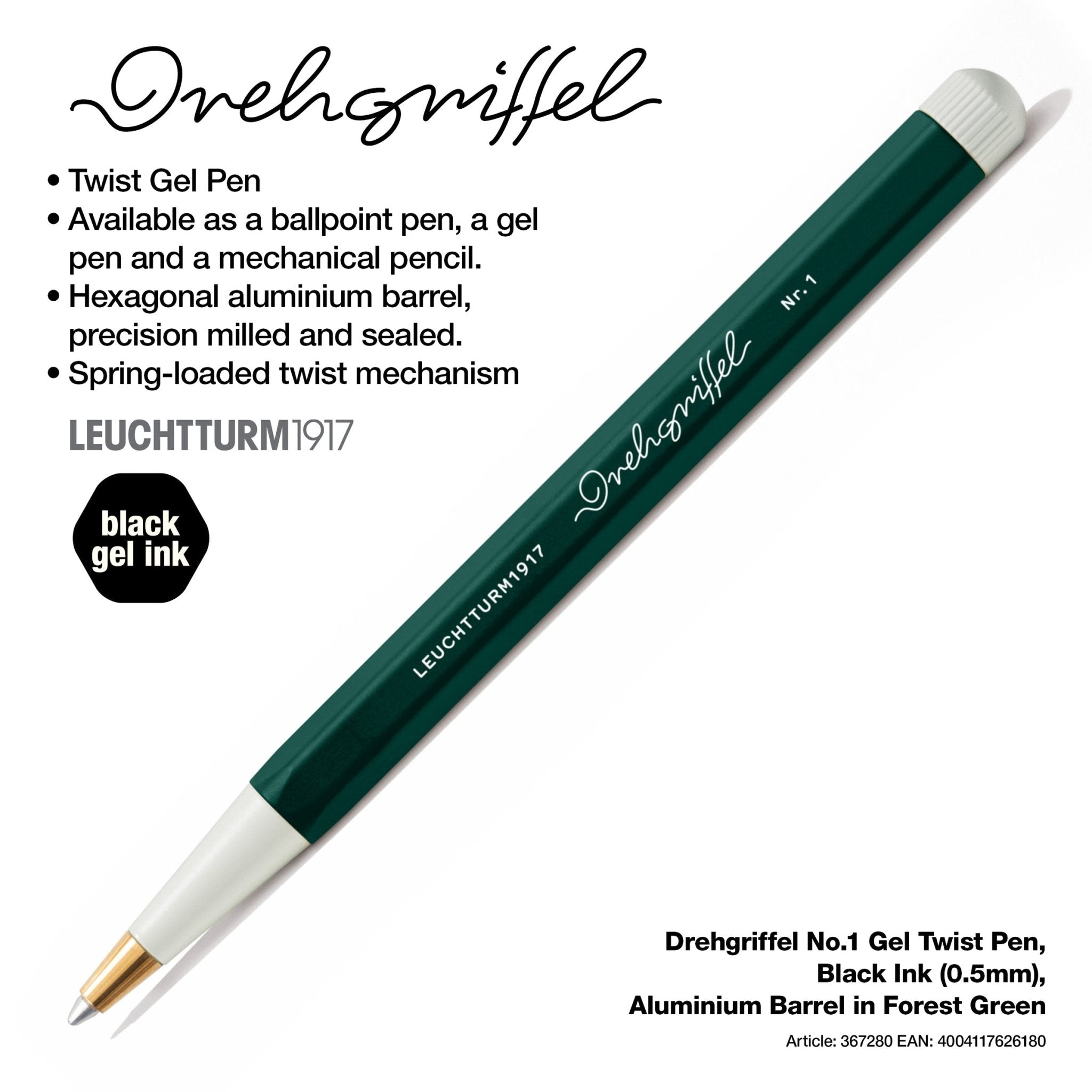 LEUCHTTURM1917 Gel Pen with Document Proof Black Ink | Drehgriffel No. 1 | Forest Green| Twist Mechanism - penpencilink