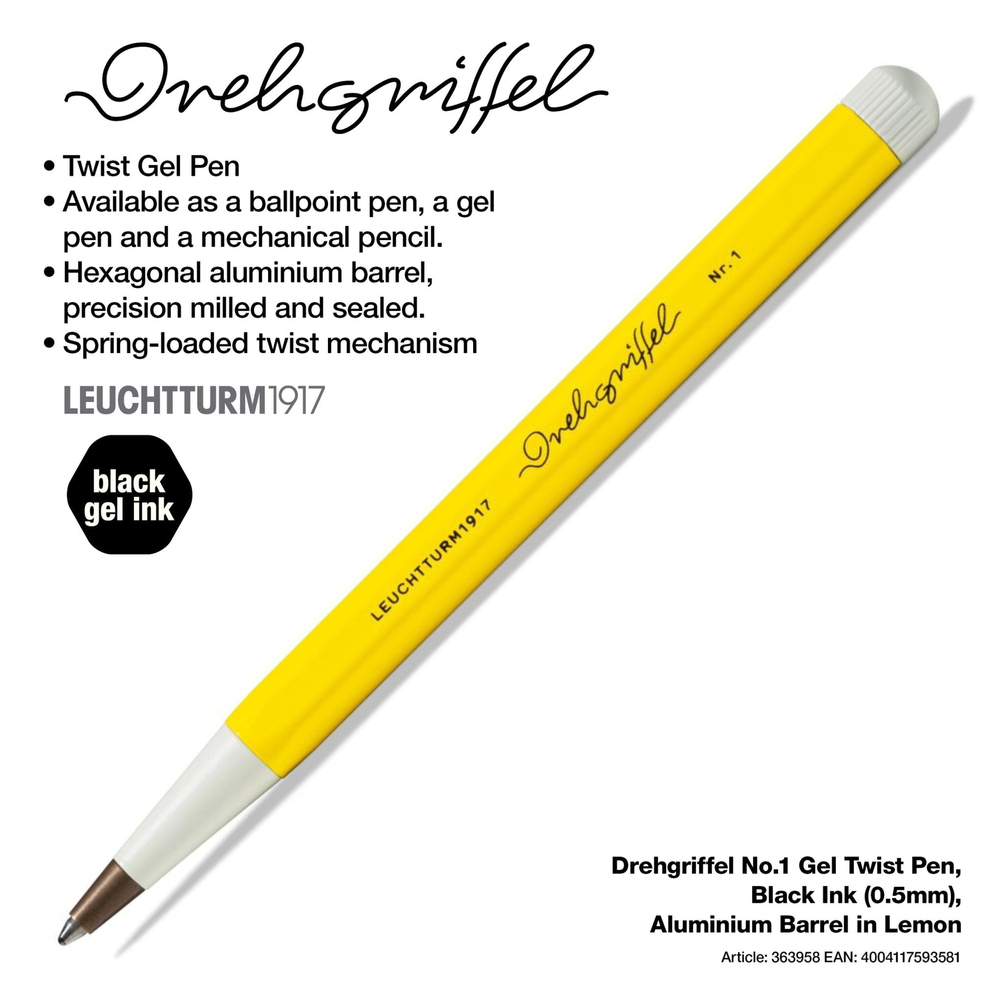 LEUCHTTURM1917 Gel Pen with Document Proof Black Ink | Drehgriffel No. 1 | Lemon Yellow| Twist Mechanism - penpencilink