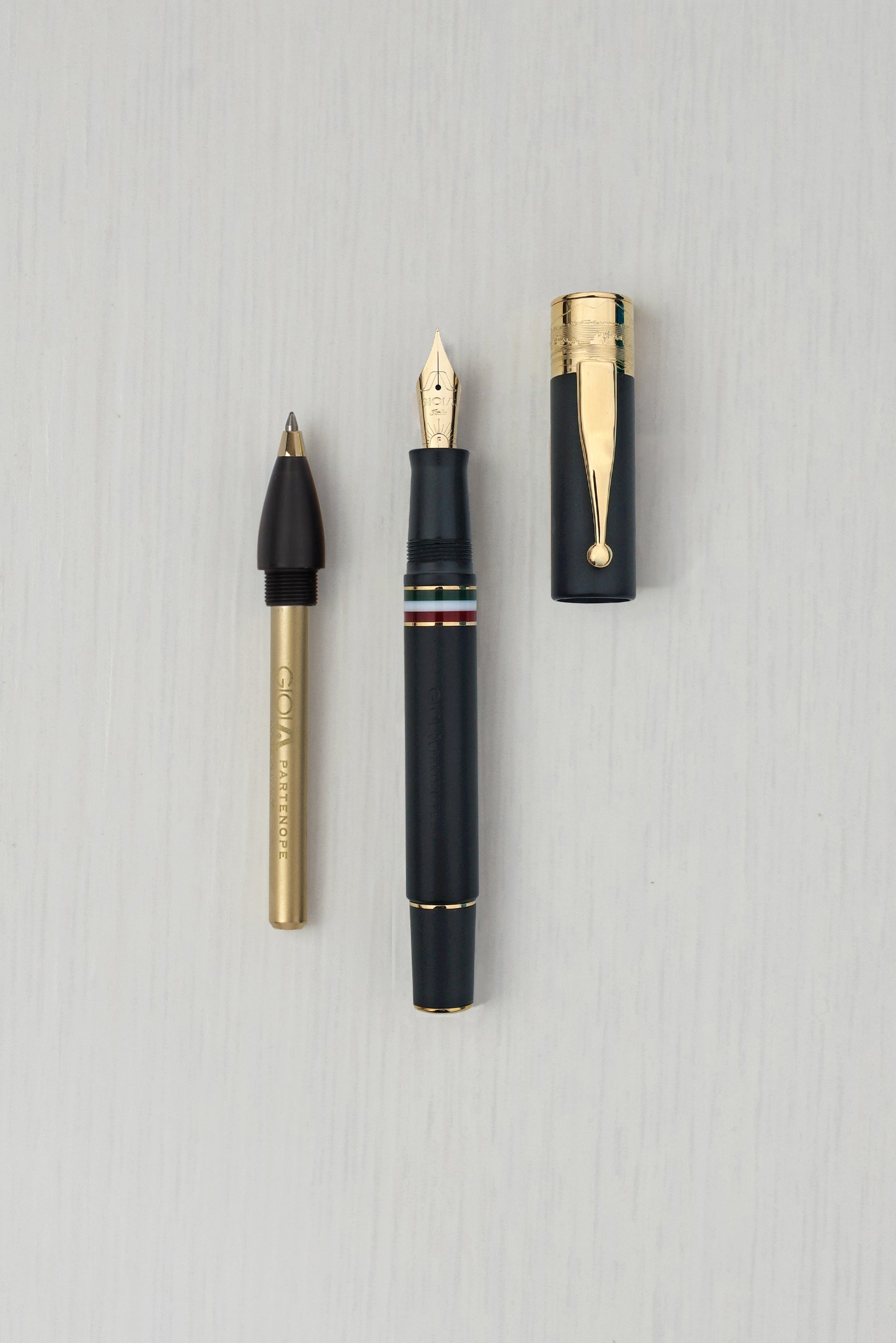 Gioia | Fountain Pen & Rollerball Pen | Partenope | Black Sand | Gold Trims
