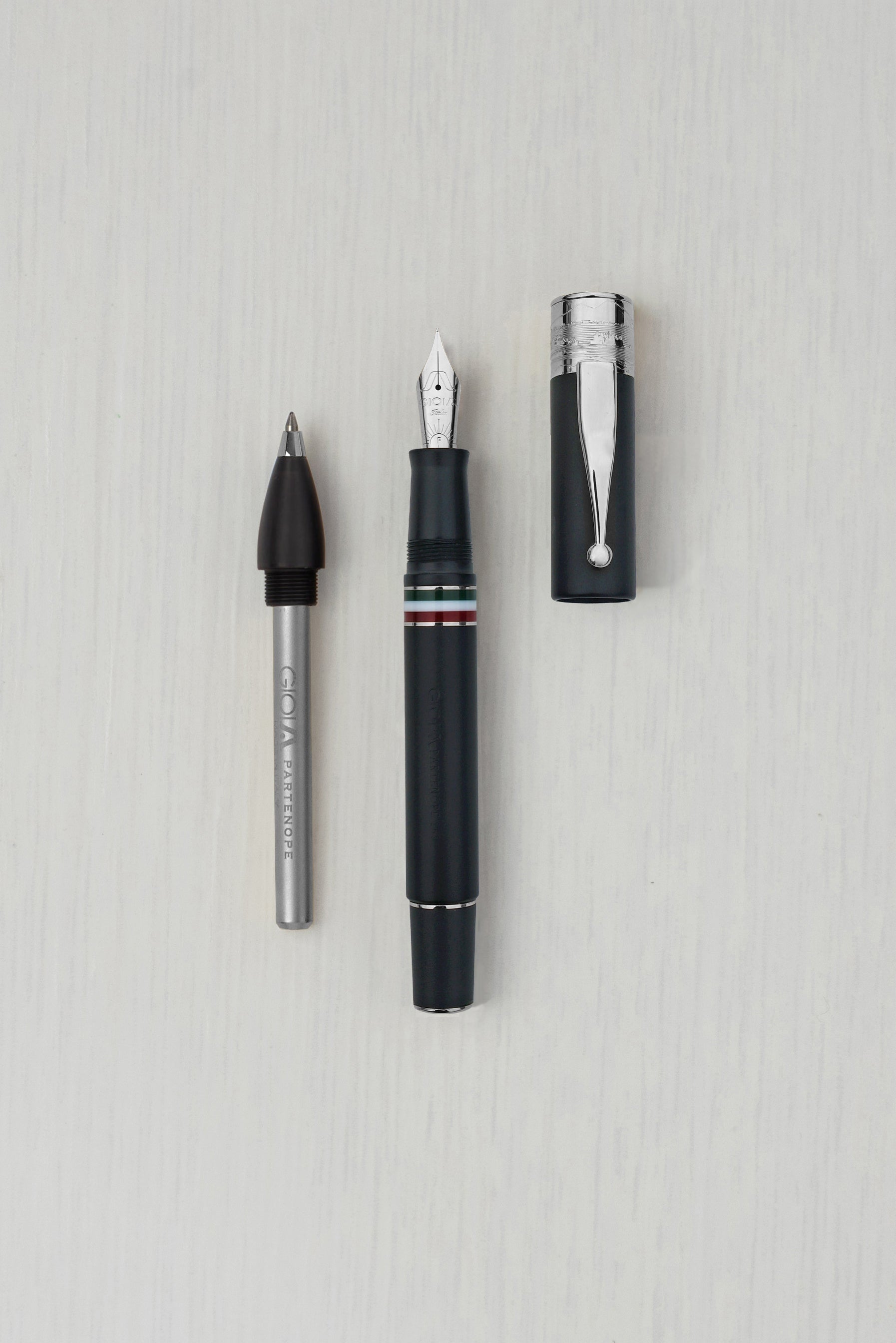 Gioia | Fountain Pen & Rollerball Pen | Partenope | Black Sand | Silver Trims