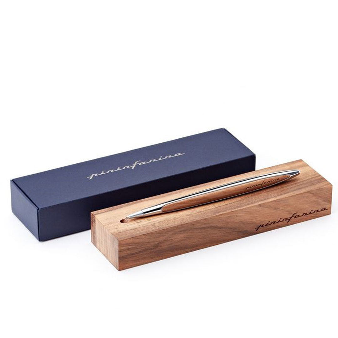 Pininfarina | Cambiano Classic Ink | Ballpoint Pen | Polished Chrome |  Solid Wood Desk Stand