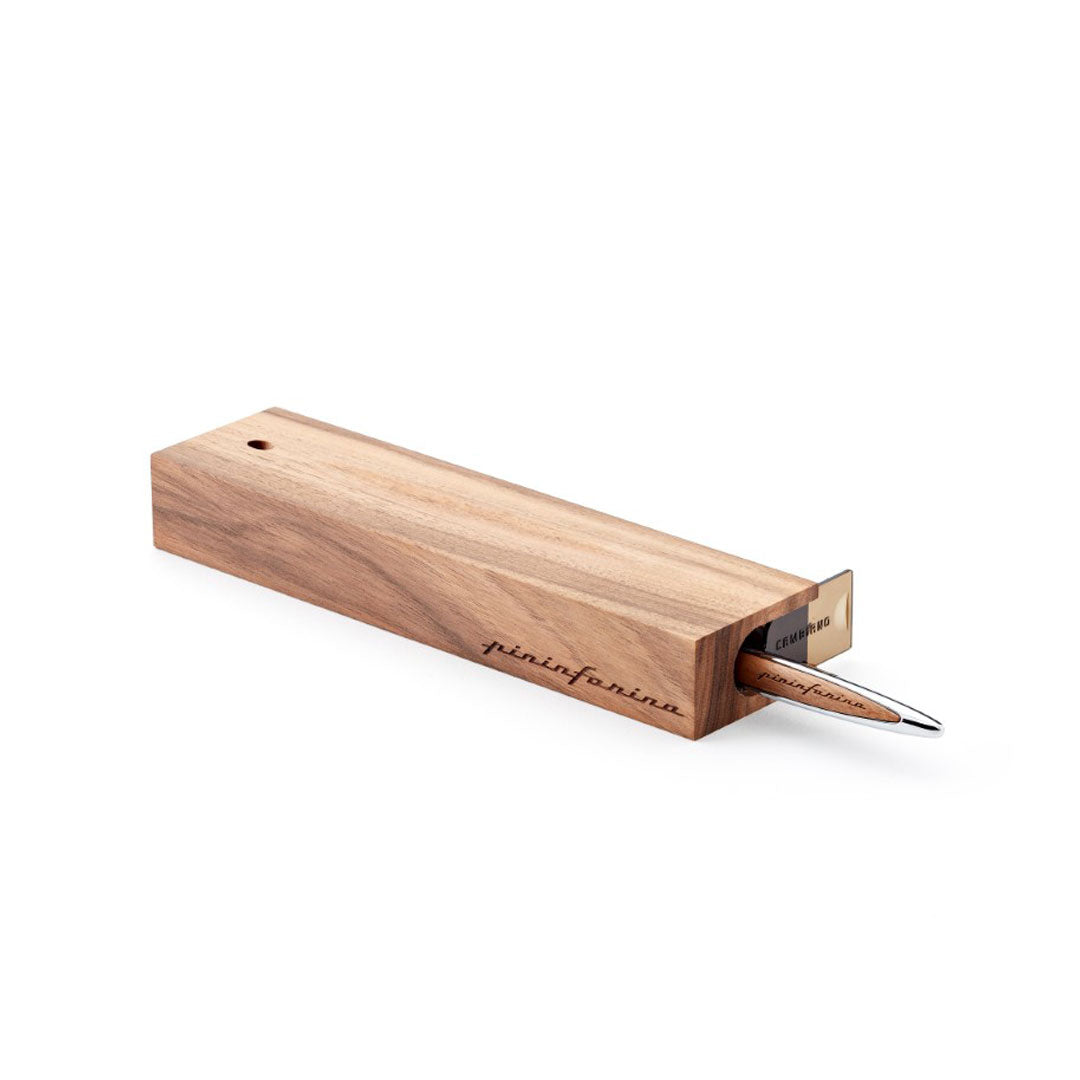 Pininfarina | Cambiano Classic Ink | Ballpoint Pen | Polished Chrome |  Solid Wood Desk Stand