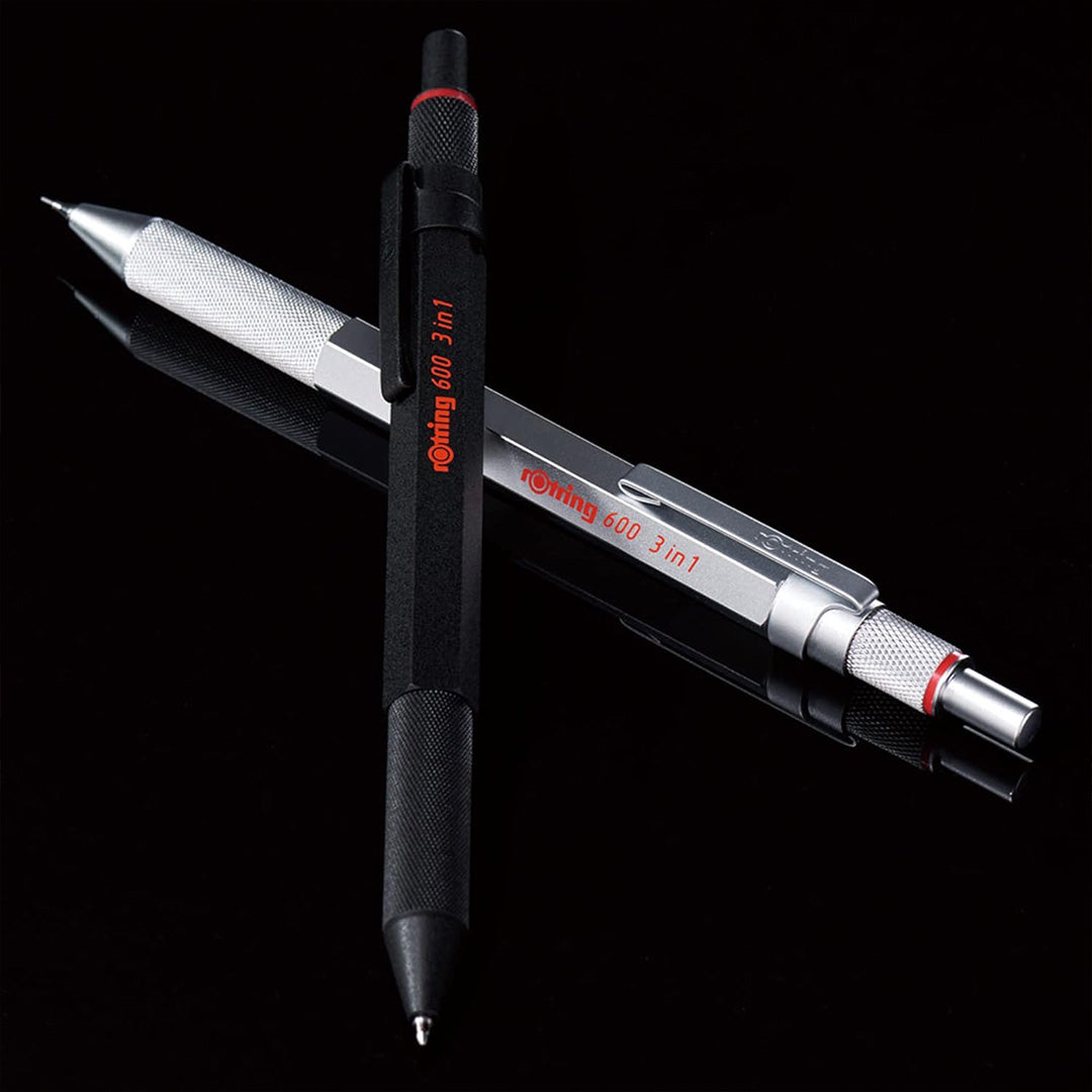 2 Rotring 600 3-in-1 Multi Pen with Mechanical Pencil in 2 colours Silver and black