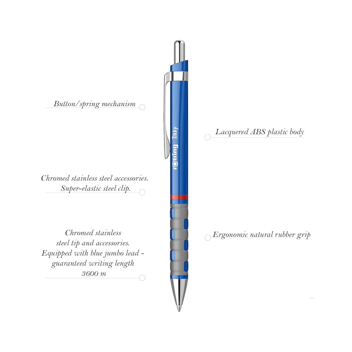 Rotring Blue Ball Point Pen 1.0mm with text describing its features on a white background