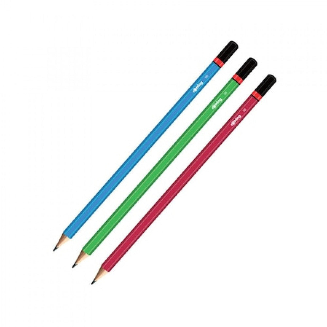 3 Rotring Woodcase HB Metallic Pencils  (blue, green, red) on a white background