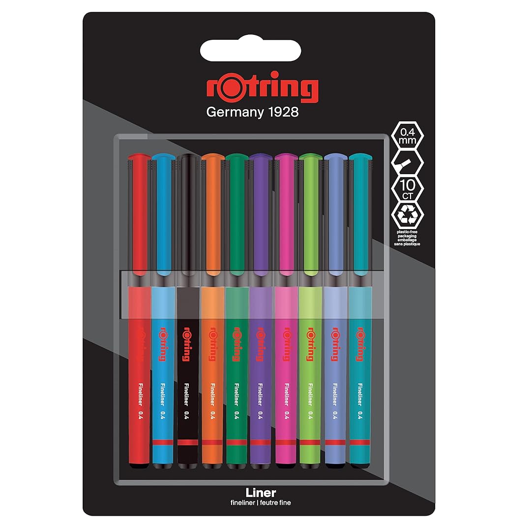 Rotring | Liner Fineliner Pens | Assorted Colours | Pack of 10 Pieces | 0.4mm