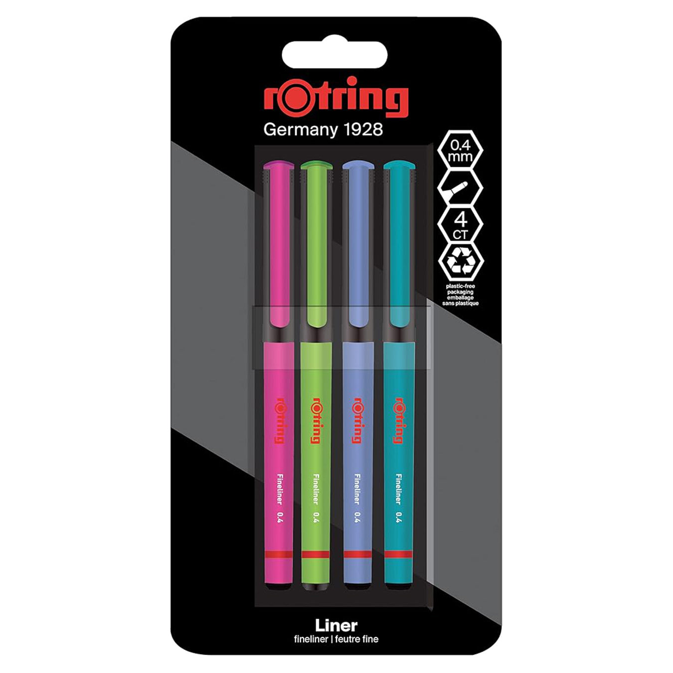 Pack of four Rotring liners in different colors with packaging displaying the brand name.