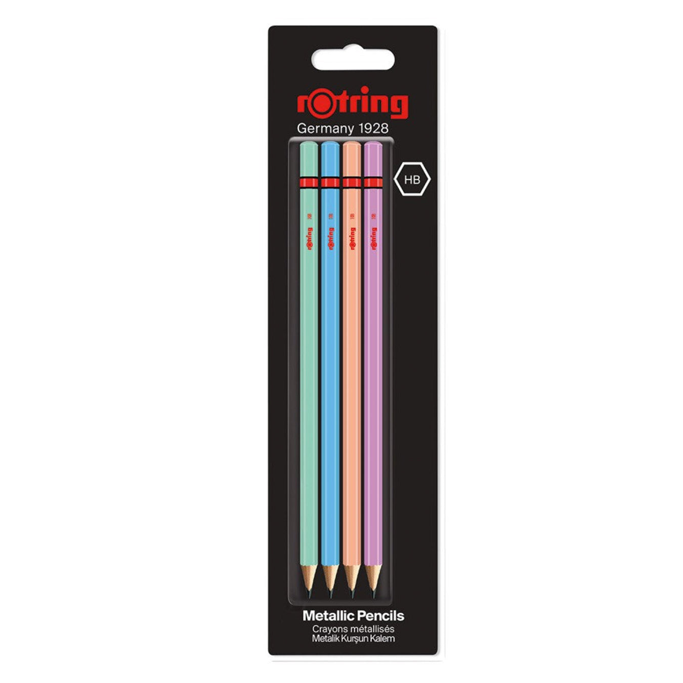 Pack of rotring metallic pencils with pastel colors in a black packaging featuring the Rotring logo.