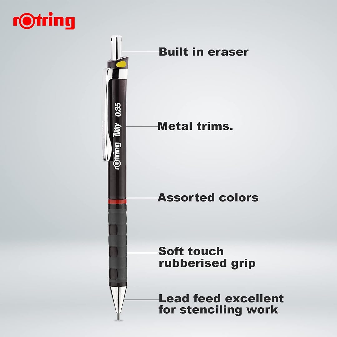 Rotring Tikky 0.35mm Mechanical Pencil in Black with all the details of pens on a white background