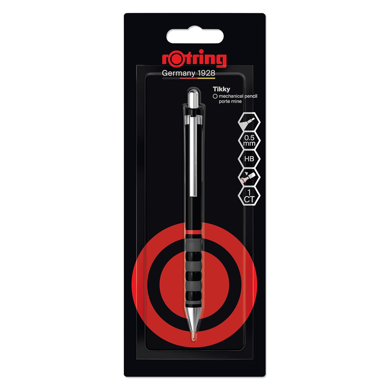 Rotring Tikky 0.5mm Mechanical Pencil in Black packaging with target design on a white background