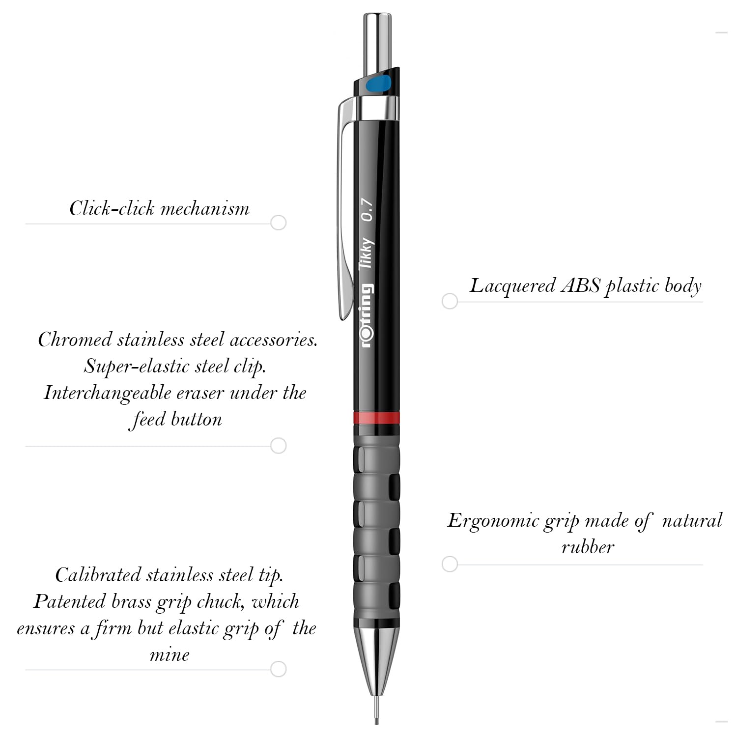 Rotring Tikky 0.7mm Mechanical Pencil – Black | HB Lead | Built - in Eraser 
