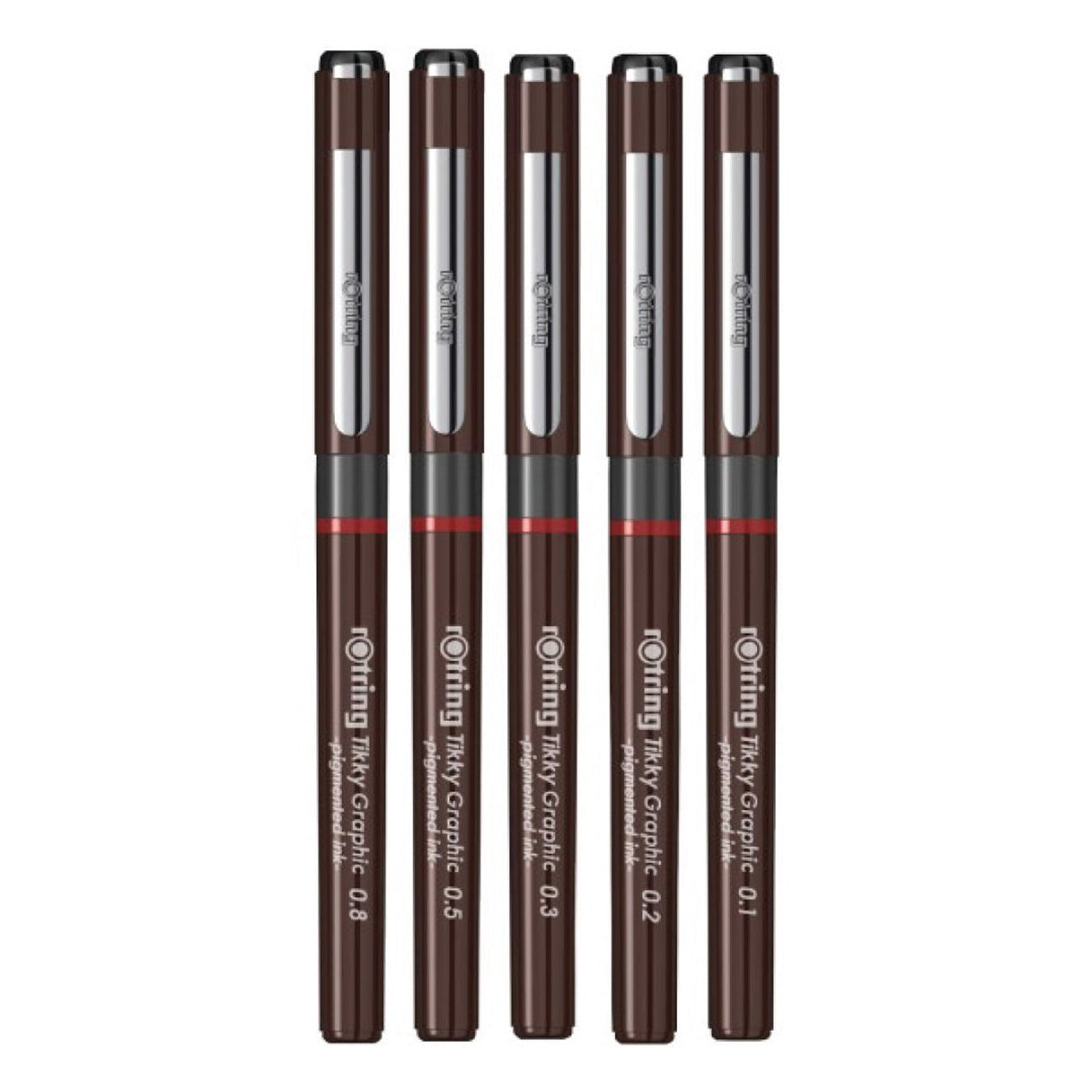 Rotring Tikky Graphic Fineliner Set of 5 (0.1, 0.2, 0.3, 0.5, 0.8mm) on a white background