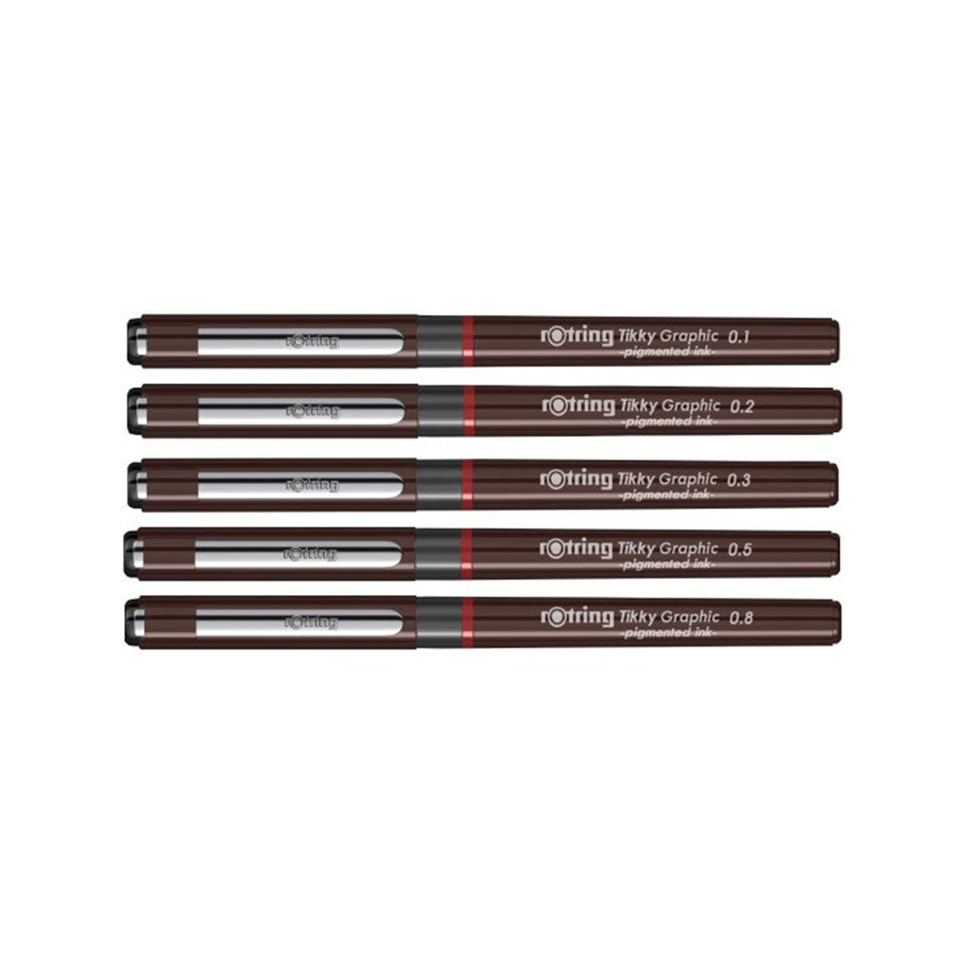 Set of five r:tring Tikky Graphic pens with different tip sizes on a white background