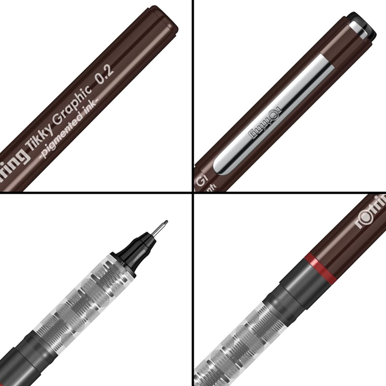 Four different views of a Rotring Tikky Graphic pen on a white background