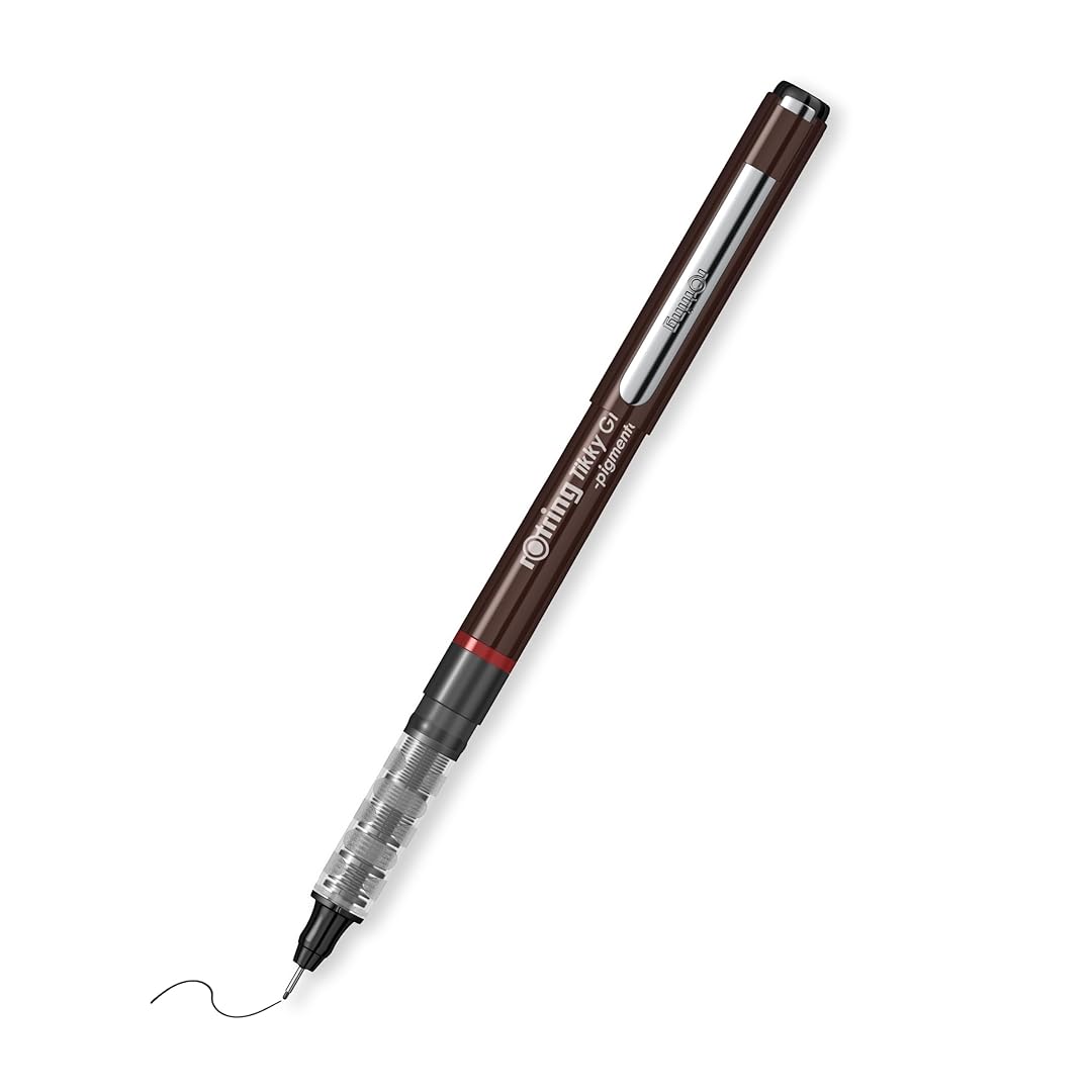 A single black Rotring Tikky Graphic Fineliner pen with a 0.2mm tip, showing the cap, body, and a small amount of ink at the tip.