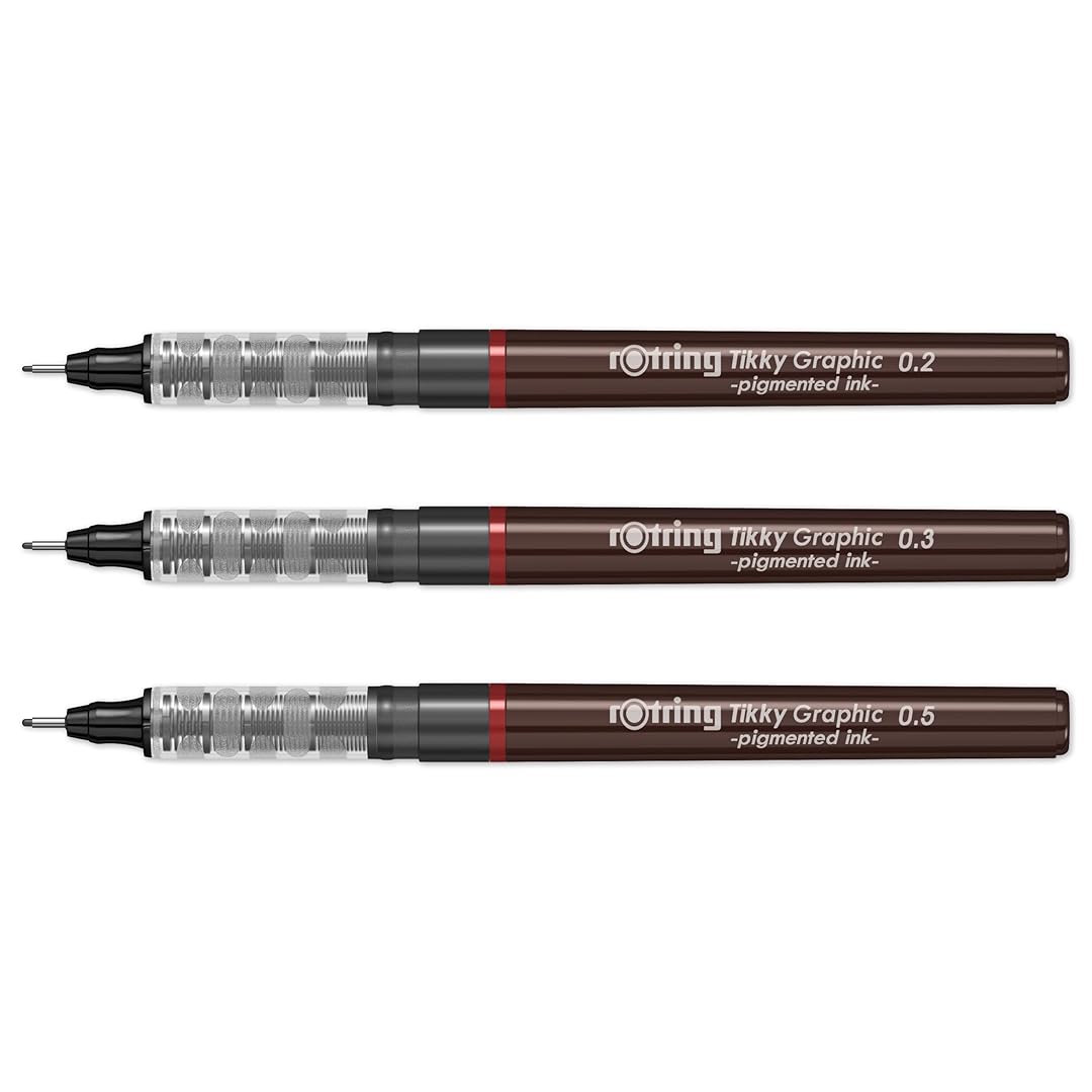 Rotring | Tikky | Graphic Fineliner | Black Pigment Lightfast | 0.2mm 0.3mm 0.5mm | 3 Pen Set