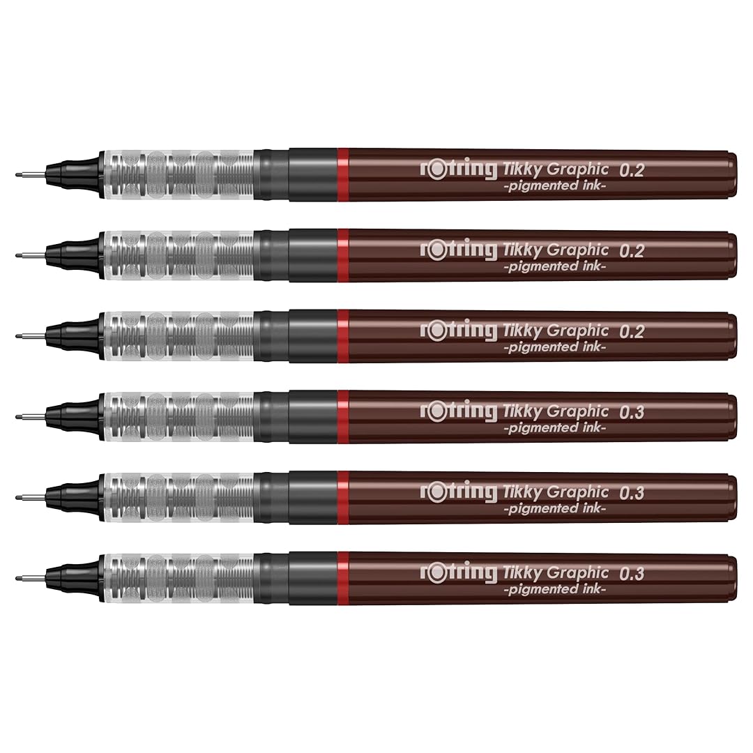 Rotring | Tikky | Graphic Fineliner | Black Pigment Lightfast | 0.2mm 0.3mm | 6 Pen Set | 3 Each