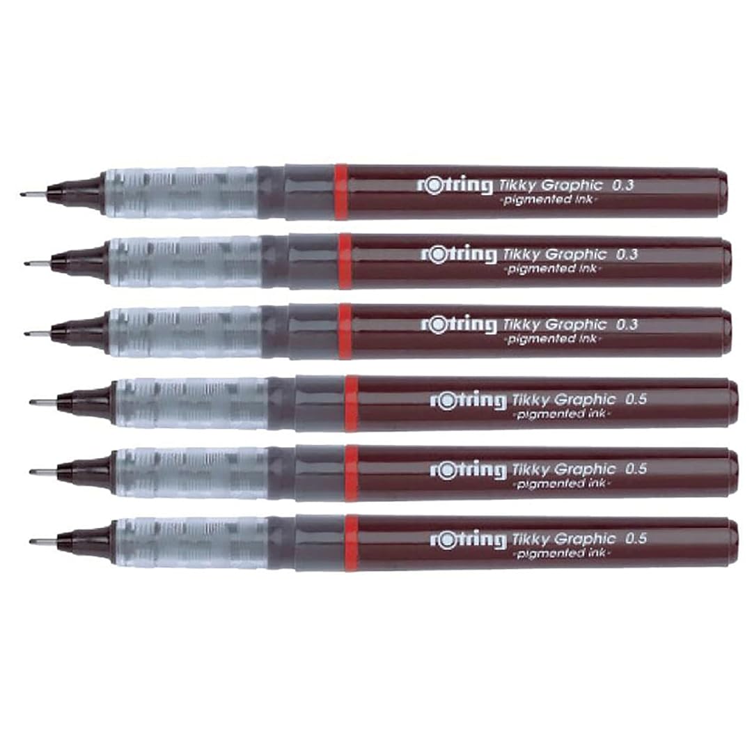 Rotring | Tikky | Graphic Fineliner | Black Pigment Lightfast | 0.3mm, 0.5mm | 6 Pen Set | 3 Each