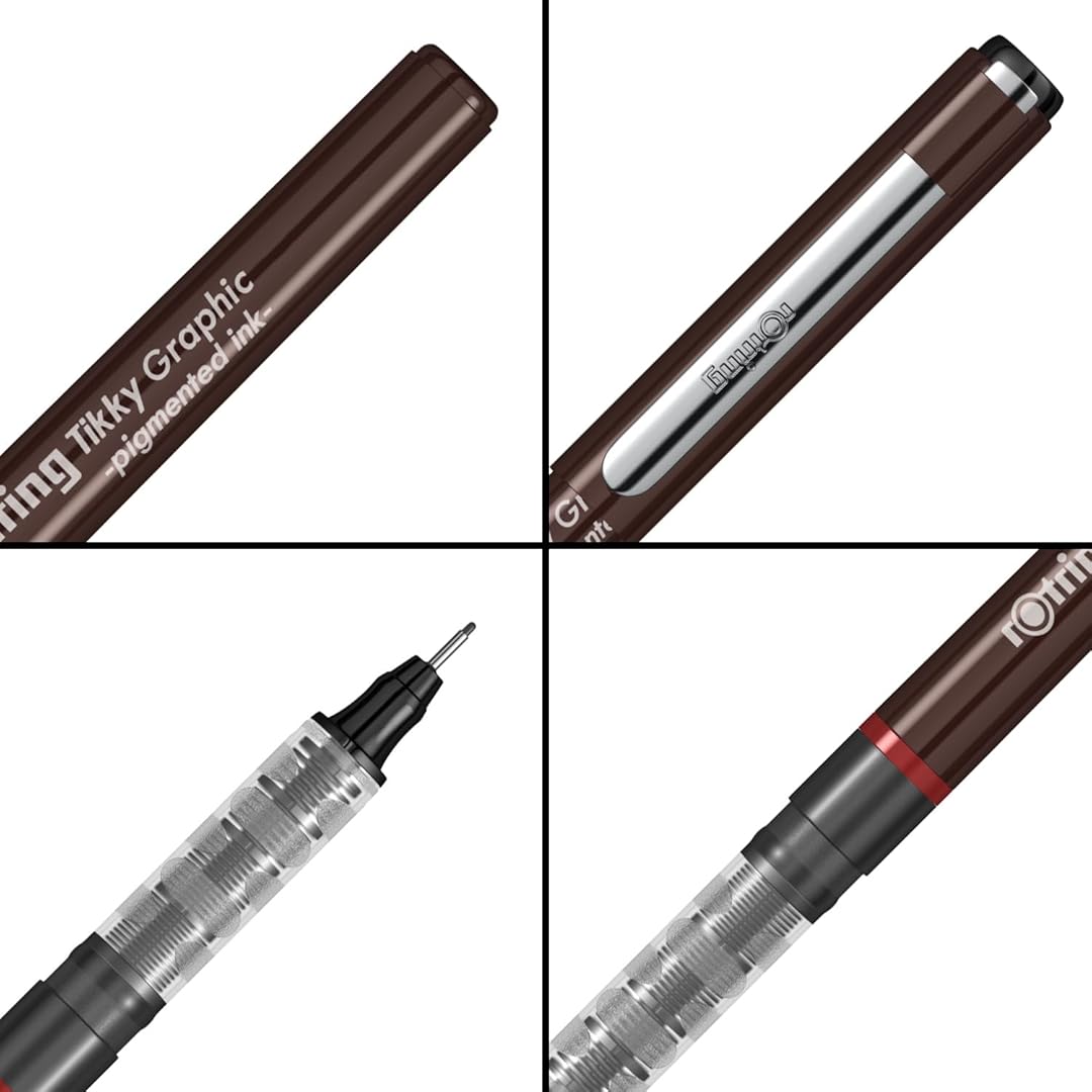 A set of five Rotring Tikky Graphic fineliners with black pigment lightfast ink, displayed in a grid format with details of the pens and their caps.