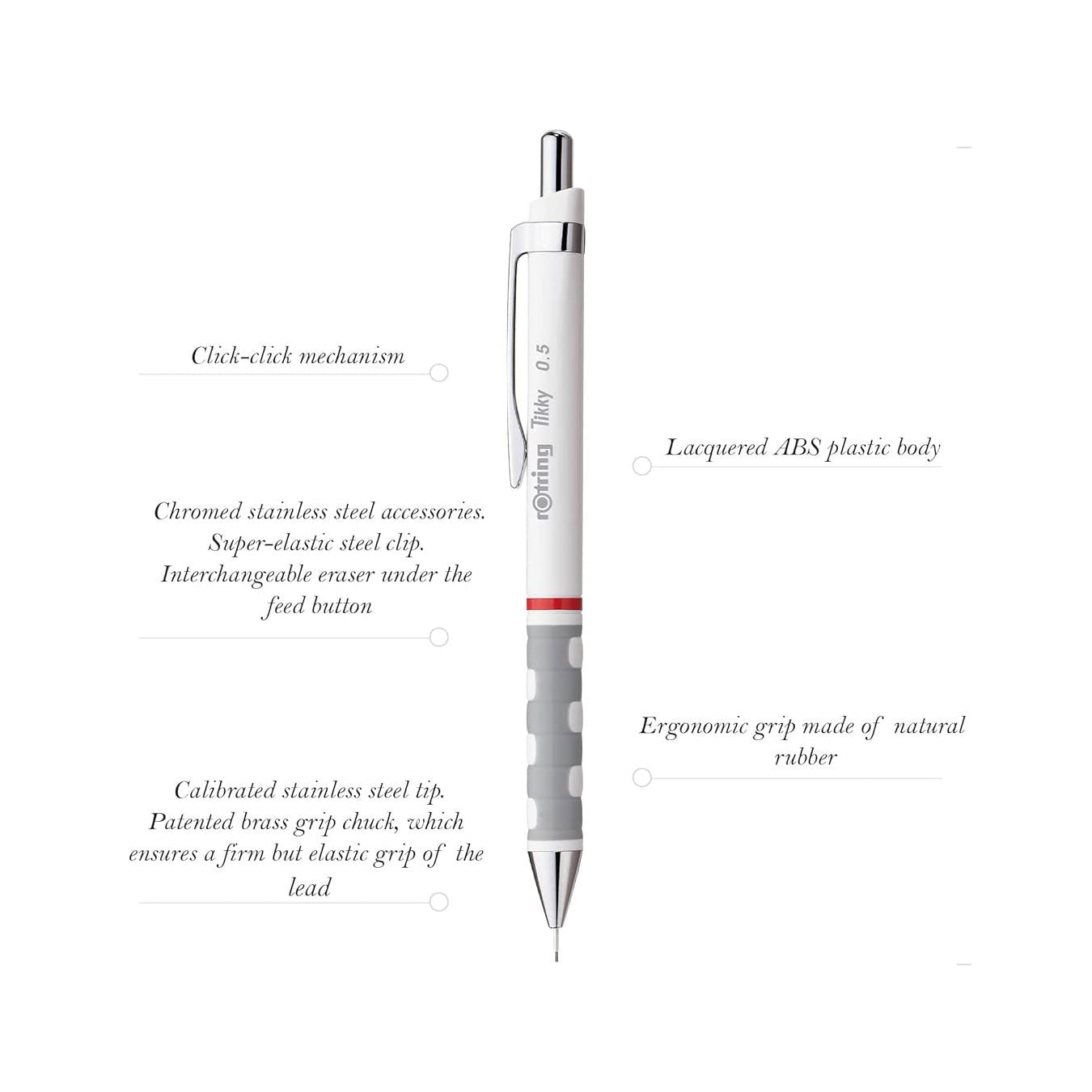 Rotring Tikky 0.5mm Mechanical Pencil in White Barrel with features listed on a white background