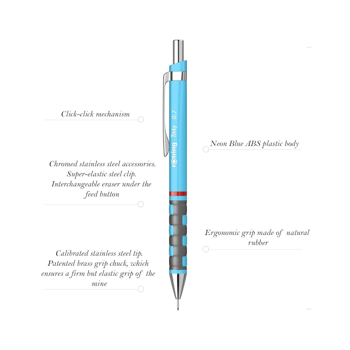Rotring Tikky 0.7mm Mechanical Pencil in Blue with features listed on a white background