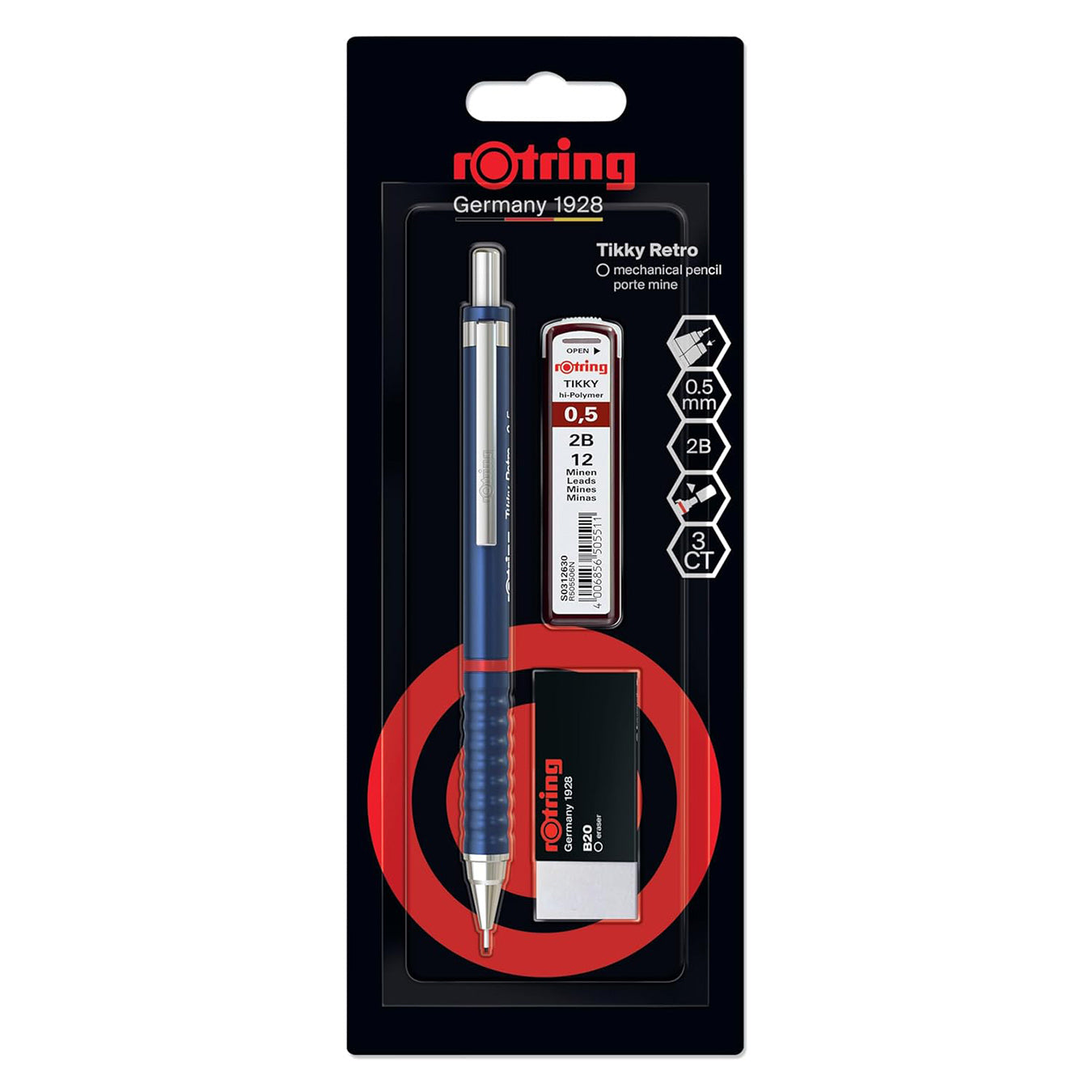 Rotring Tikky Retro mechanical pencil set with black packaging on a white background