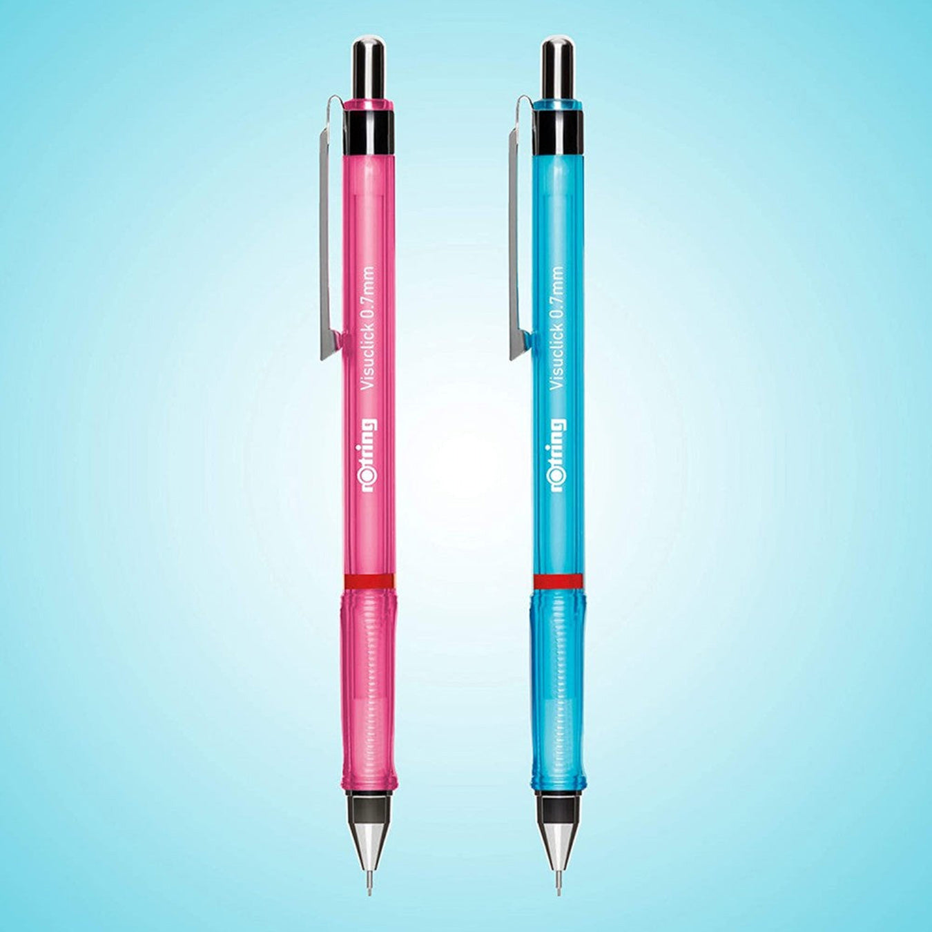 Rotring Visuclick 0.7 mm Mechanical Pencil one pink and one blue, with visible branding on a light blue background.